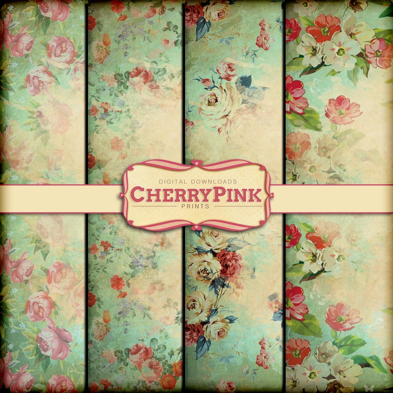 Op de afbeelding: Vier digitale papierontwerpen met vintage bloemmotieven in roze, groene en witte tinten op een textuur achtergrond. De ontwerpen zijn gelabeld "Cherry Pink Prints" met de tekst "Digitale downloads".