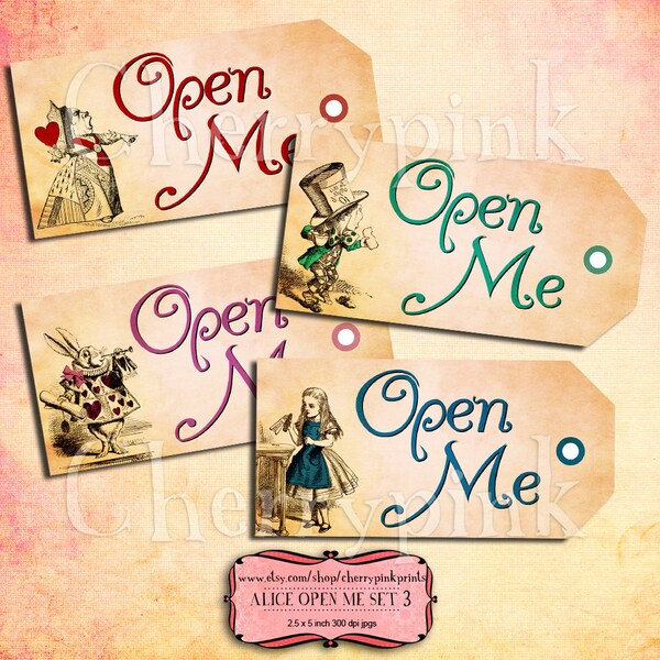 Alice in Wonderland tags - Open me tags - printable - tea party decoration - mad hatter - Queen of hearts - collage sheet - digital download