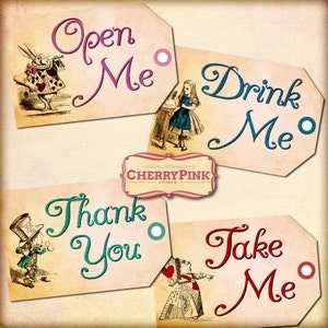 ALICE in WONDERLAND decoration, printable party tags, instant download Alice party supplies