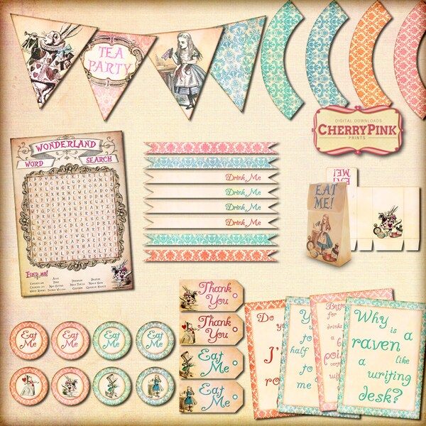 Alice nel Paese delle Meraviglie Decorazioni, pacchetto partito FULL, forniture per feste stampabili, bunting, tag, torte toppers, giochi, download istantaneo