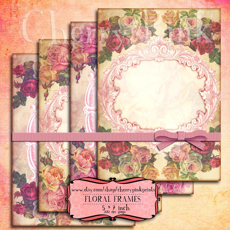Digital Paper Vintage FLORAL FRAMES Collage Shabby Texture Digital ...