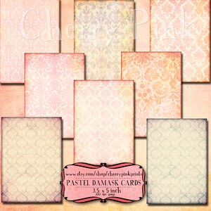 May include: Set of 8 pastel damask patterned digital papers, 3.5 x 5 inches, 300 dpi, perfect for scrapbooking, card making, and other craft projects.  www.etsy.com/shop/cherrypinkprints