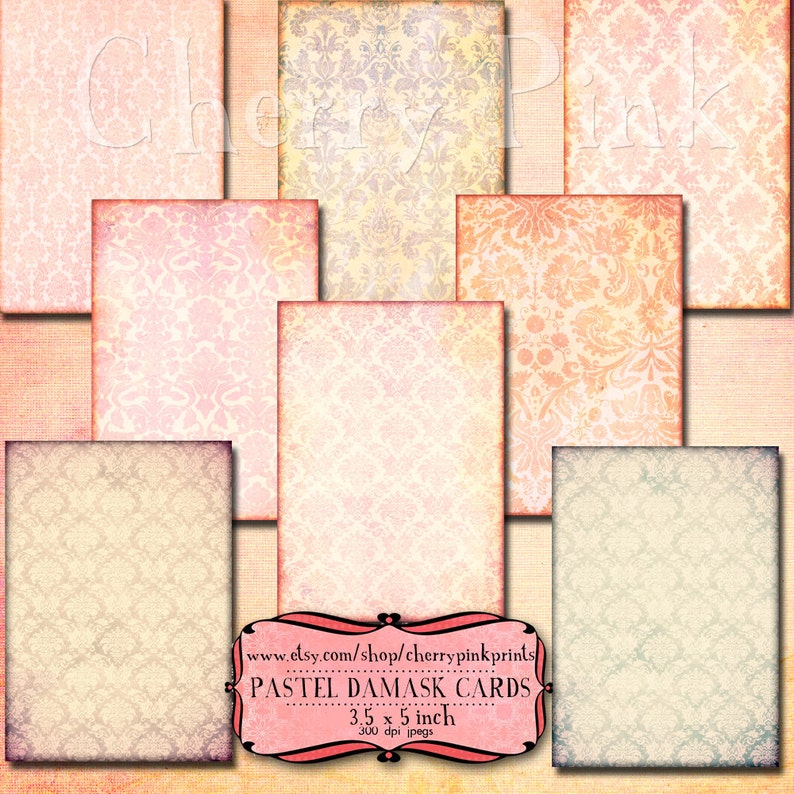 May include: Set of 8 pastel damask patterned digital papers, 3.5 x 5 inches, 300 dpi, perfect for scrapbooking, card making, and other craft projects.  www.etsy.com/shop/cherrypinkprints