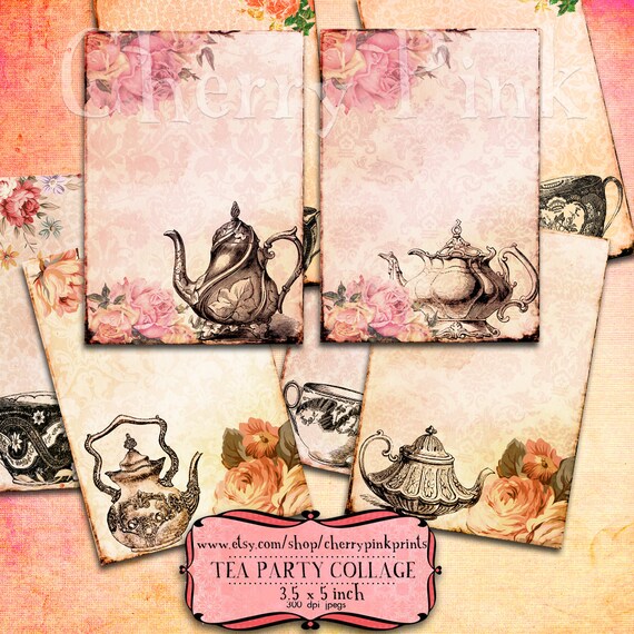 Vintage Tea Party printable, tea party decoration and clip art, party tags, shabby chic print.