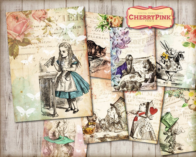 ALICE in WONDERLAND tags decorations Alice tags digital party supplies craft Wonderland collage sheet printable instant download image 1