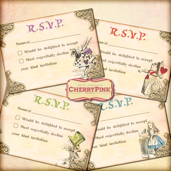 ALICE RSVP CARDS, matching set available, party printable supply