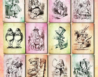 12 Alice in Wonderland collage sheet,  3.5 x 5 inch collages, Vintage shabby chic style for transfers, cards, tags.