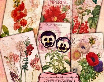 FLEURS ANTIQUE digital collage feuille, images imprimables floral éphémères pour collage, Shabby chics étiquettes et découpage