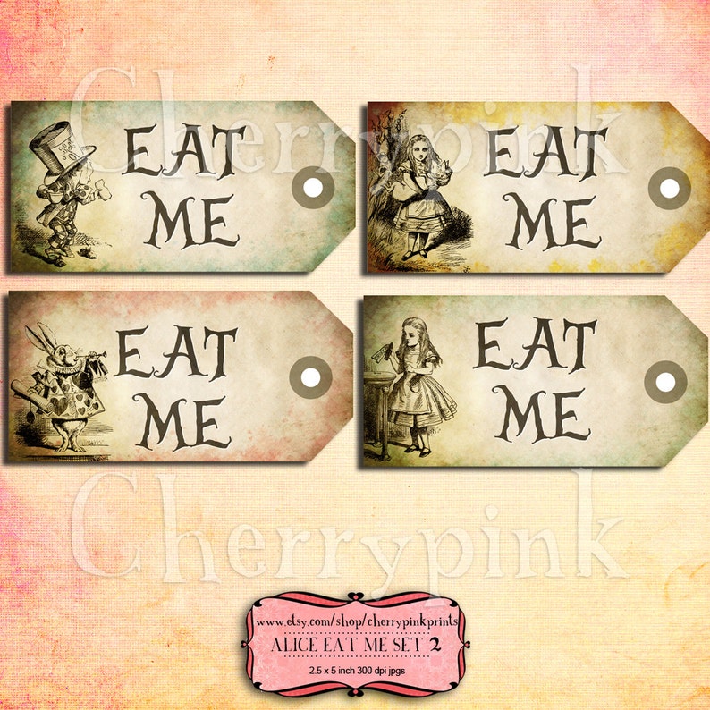 Alice Vintage Tags EAT ME Set 2 Alice in Wonderland Tags - Etsy