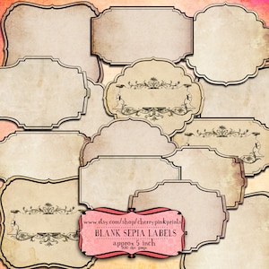 May include: A selection of blank sepia-toned labels with black borders and decorative elements. Some labels have floral designs. The image includes text that reads "BLANK SEPIA LABELS approx 5 inch 500 dpi jpegs" and a website address.