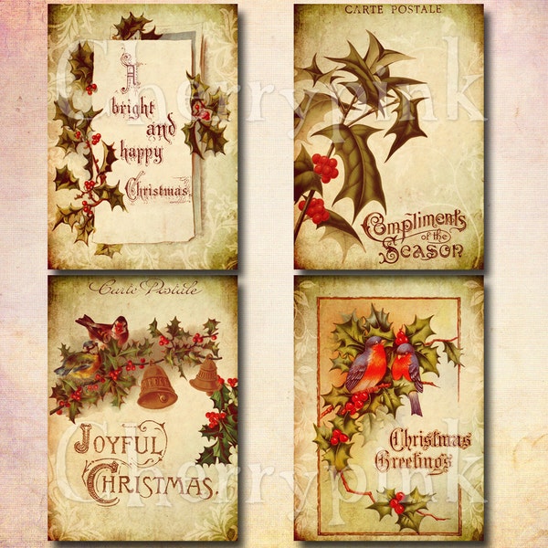 Christmas Tags, Vintage style, Digital Collage Sheet,  ACEO whimsical ephemeral antique paper postcard hang tags scrapbooking.