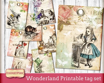 ALICE in WONDERLAND afdrukbare codes, thee partij tags, digitale partij levert decoraties, Wonderland collage blad afdrukbare