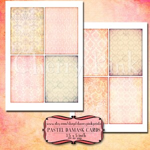 May include: Six printable digital papers with pastel damask patterns. The papers are 3.5 x 5 inches and 300 dpi. The text on the image reads "Pastel Damask Cards 3.5 x 5 inch 300 dpi jpgs www.etsy.com/shop/cherrypinkprints"