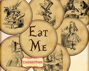 Alice Cupcake Topper, sepia table decoration for a Wonderland party, digital download collage sheet, Eat me Topper