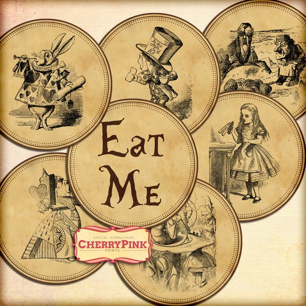 Alice Cupcake Topper, sepia table decoration for a Wonderland party, digital download collage sheet, Eat me Topper