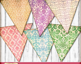 Vintage party bunting -  DIY wedding bunting - shabby chic - damask - party printable - instant download
