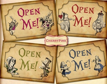 Alice in Wonderland Party Tags, Open Me Alice party printables, Digital party decorations with Mad Hatter, White Rabbit and Queen of Hearts