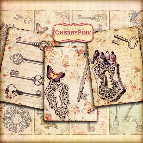 KEYS Collage Sheet, digital scrapbook vintage printable sheet, graphic design for paper craft