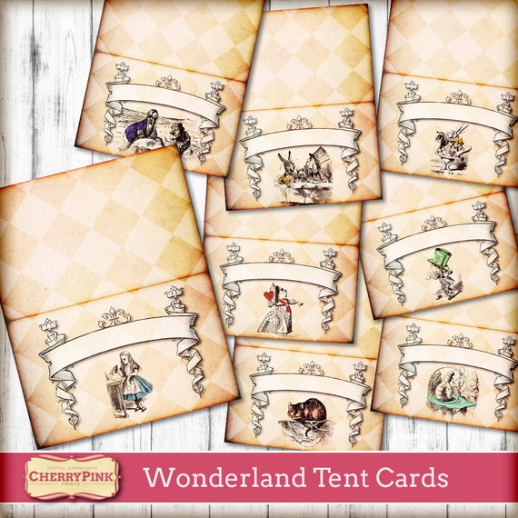 weddin Alice in Wonderland party table tent cards decoration set of 8 tea party 