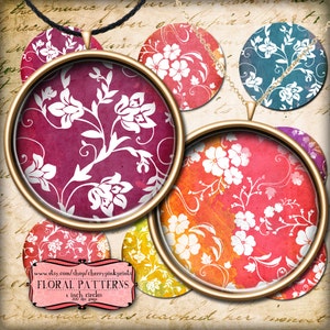 12 FLORAL PATTERN 1&quot; circle digital collage sheet Printable circle Images for round glass and resin Pendants bottle caps magnets