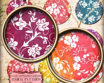 12 FLORAL PATTERN 1" circle digital collage sheet Printable circle Images for round glass and resin Pendants bottle caps magnets