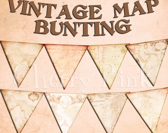 Party bunting VINTAGE MAP BUNTING digital printable bunting download for scrapbooking, party printables and graphic design.