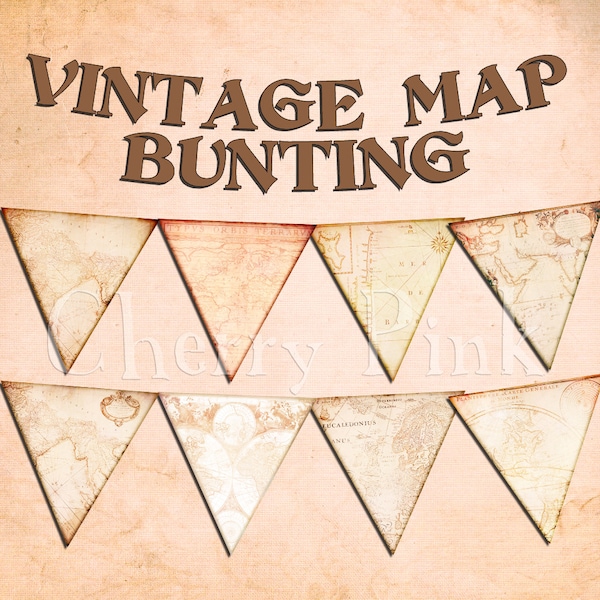 Party bunting VINTAGE MAP BUNTING digital printable bunting download for scrapbooking, party printables and graphic design.