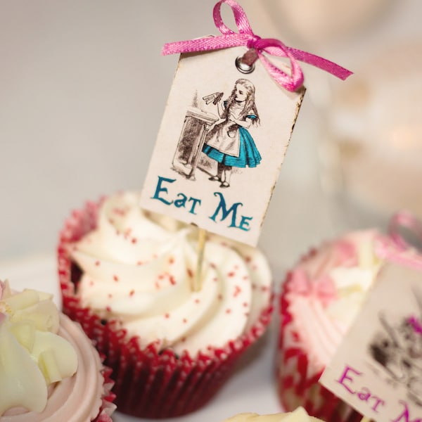 Alice in Wonderland cupcake topper and tag decorations, Eat Me tag, bright and colourfull digital tags/cupcake topper, INSTANT DOWNLOAD