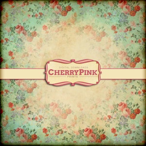 Op de afbeelding: Een digitaal papier met een vintage bloemenpatroon en een vervaagde, gestructureerde achtergrond. Het papier heeft een herhalend patroon van roze, rode en blauwe bloemen op een lichtgroene achtergrond. De tekst "DIGITAL DOWNLOADS CHERRY PINK PRINTS" wordt weergegeven op een cr&egrave;mekleurige banner.