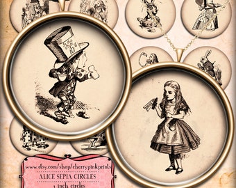 Alice in Wonderland Sepia 1 inch circles, digital collage sheet,  for pendants, magnets, scrapping, craft supply.