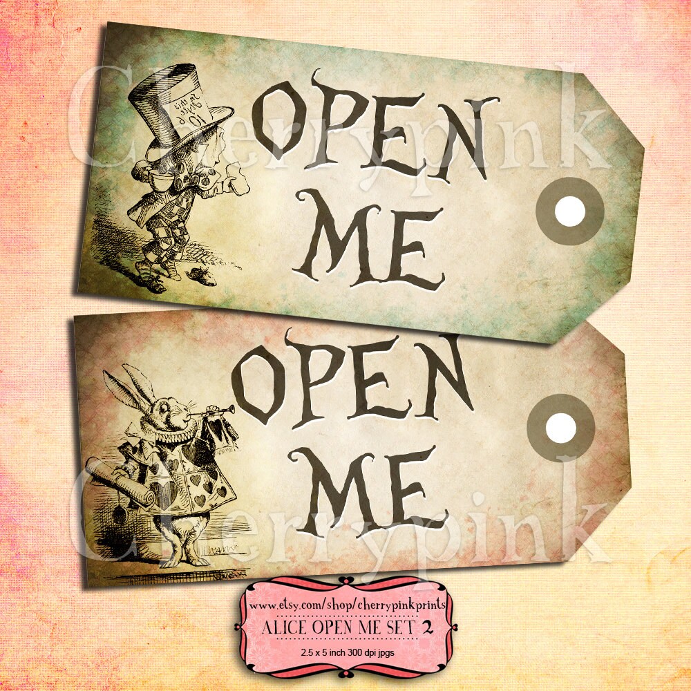 Open Me Sticker Label Alice Gift Tags, OPEN ME Set 2 Alice in Wonderland Tags, Labels ...