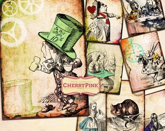 Alicia en el collage Digital de país de las maravillas steampunk descargar partido de país de las maravillas para imprimir la hoja,