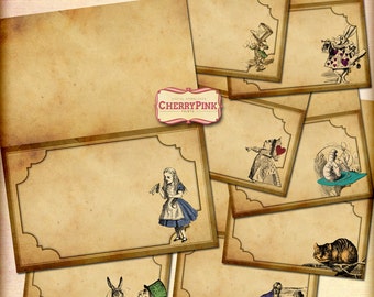 Alice in Wonderland Place cards, vintage sepia style, digital party decoration featuring mad hatter, white rabbit, red queen.