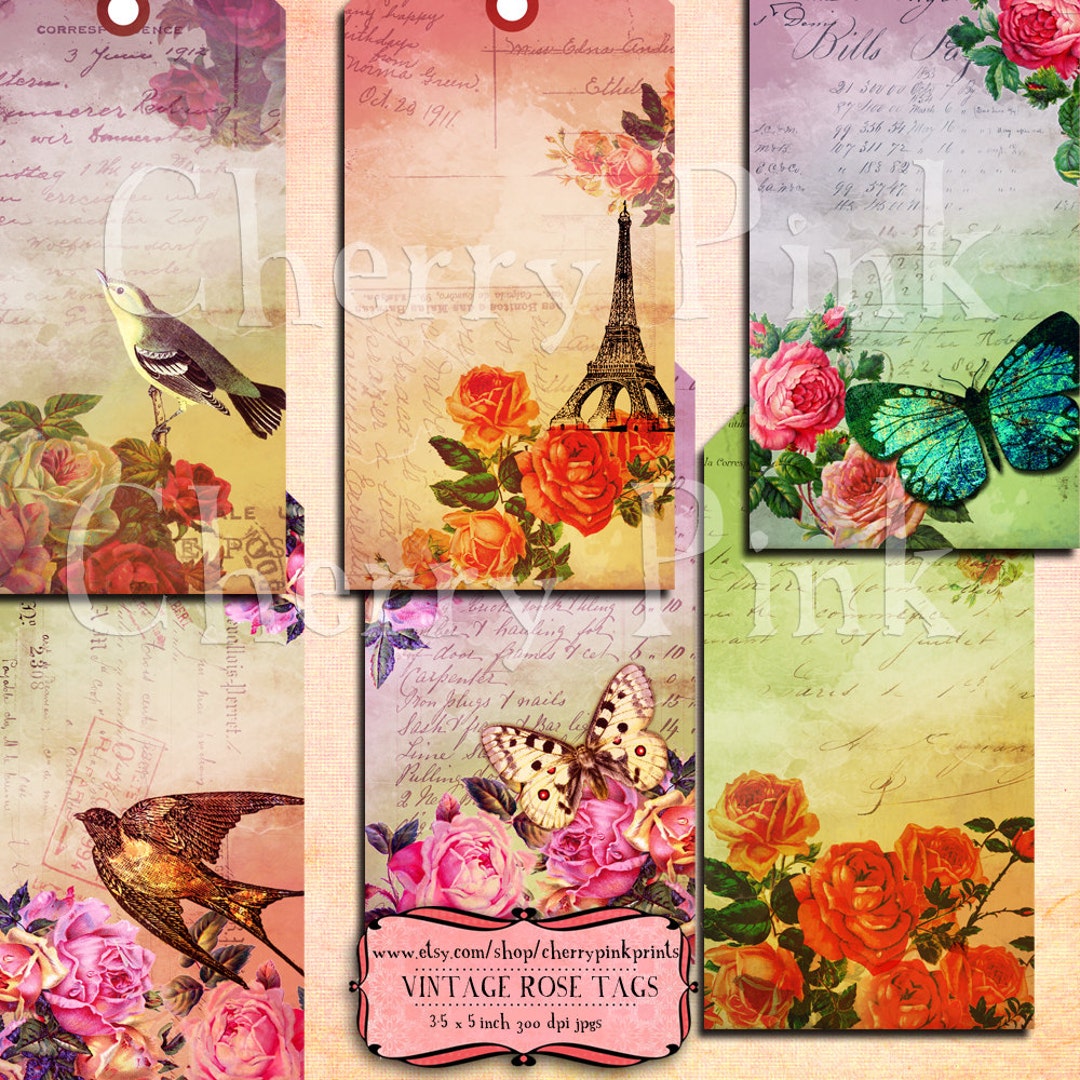 Ephemera Digital Tags, Vintage Rose Tags, Flower Tags, Rose Tags ...