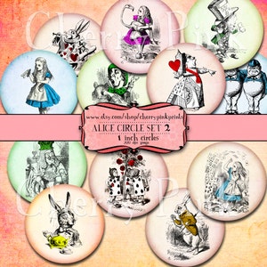 Alice Cupcake topper, colorful circle images with queen of hearts, mad hatter and white rabbit, great craft and party supplies