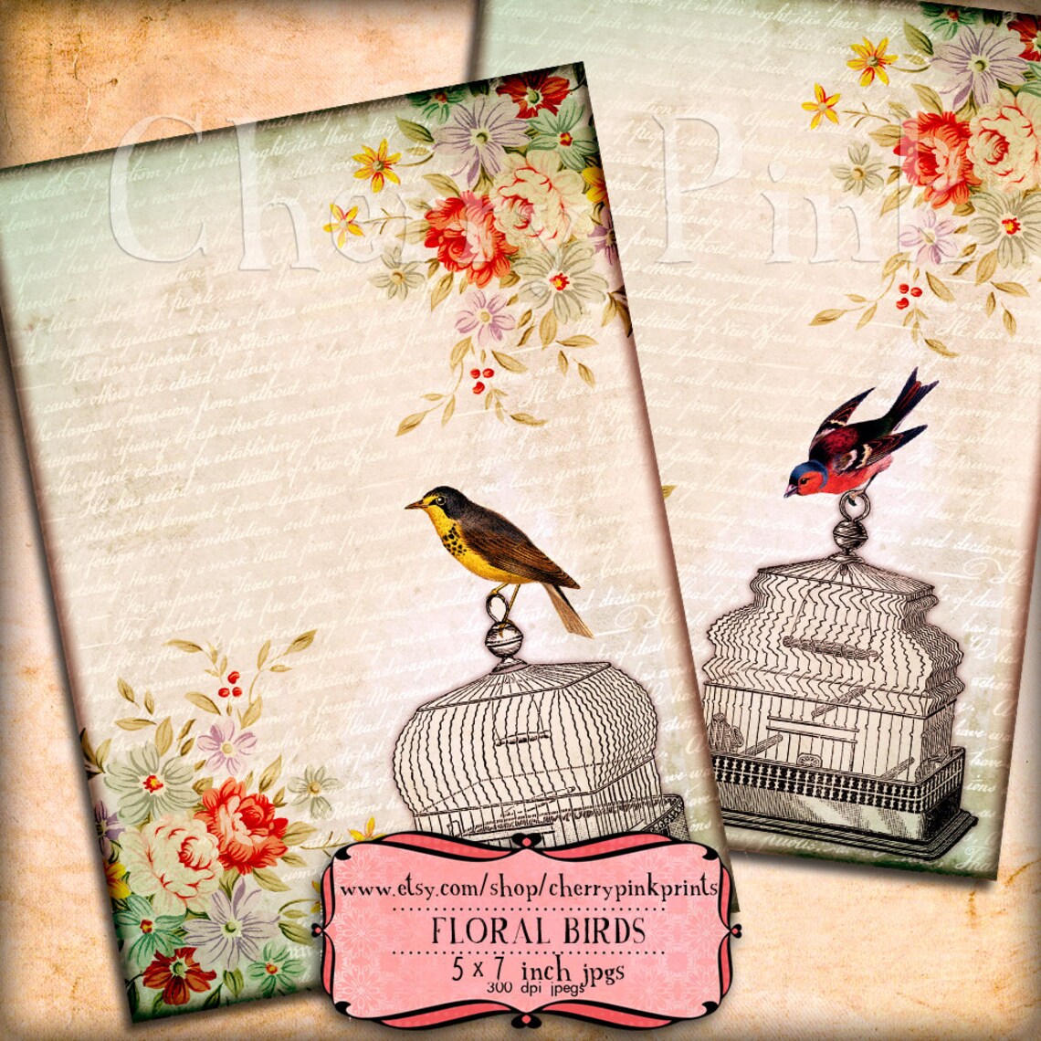 Digital Collage Sheet FLORAL BIRDS Digital Paper Digital Scrapbook ...