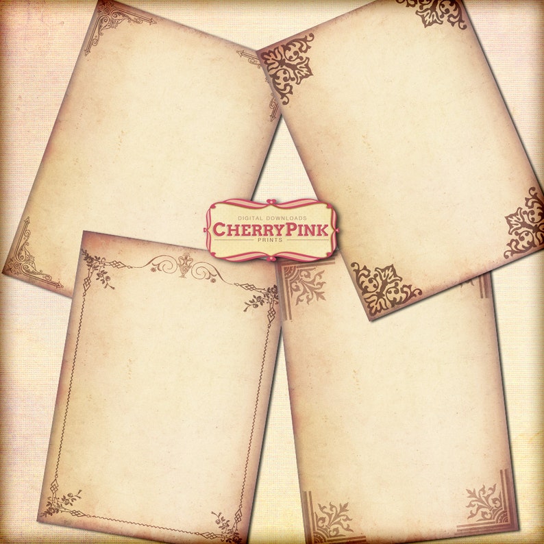 May include: Four vintage-style printable paper frames with ornate brown borders. The frames are on a textured background with the text "DIGITAL DOWNLOADS CHERRY PINK PRINTS" in a red oval.