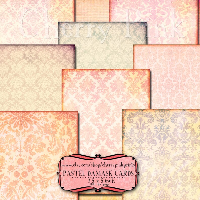 May include: A set of 8 digital paper backgrounds featuring a pastel damask pattern in various shades of pink, peach, and cream. The papers are 3.5 x 5 inches and 300 dpi. The text "Cherry Pink" is visible at the top of the image.