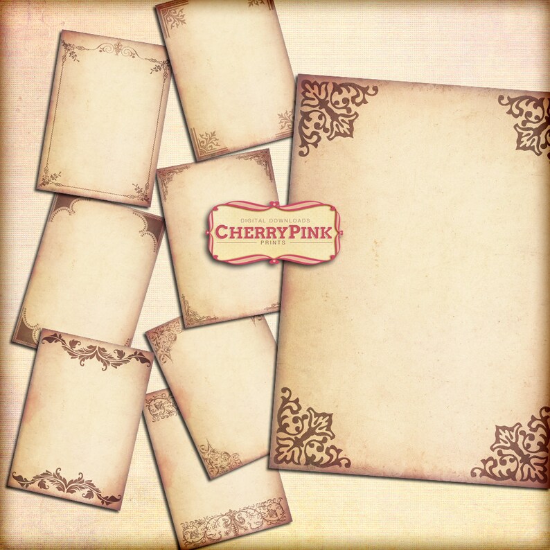 May include: Set of ten printable vintage style digital papers with ornate brown borders. The papers are cream colored with a textured background. The papers are perfect for scrapbooking, card making, and other paper crafts.