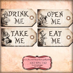 Alice in wonderland Tags, SEPIA ALICE tags, Alice in Wonderland decoration, instant download, perfect for parties, presents and invitations. image 1