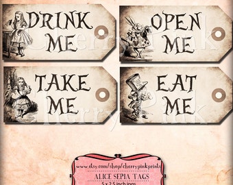 Alice in wonderland Tags, SEPIA ALICE tags, Alice in Wonderland decoration, instant download, perfect for parties, presents and invitations.