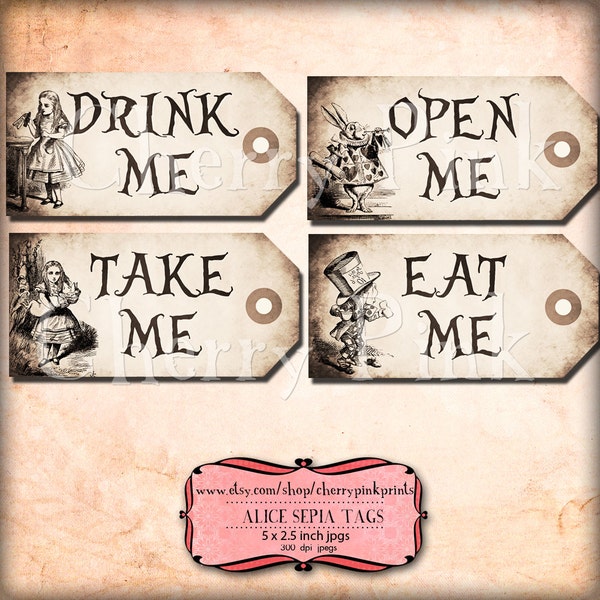 Alice in wonderland Tags, SEPIA ALICE tags, Alice in Wonderland decoration, instant download, perfect for parties, presents and invitations.