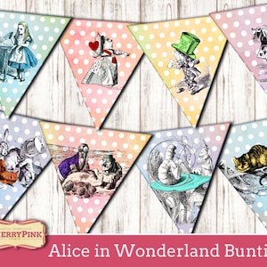 Alice in Wonderland birthday theme printable bunting party decoration, Wonderland banner, paper crafting Instant download image 1