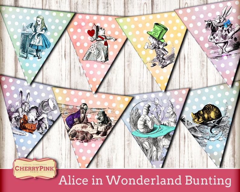 Alice in Wonderland birthday theme printable bunting party decoration, Wonderland banner, paper crafting Instant download image 1