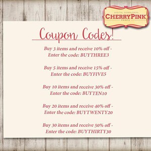 May include: A white coupon code sheet with red text. The text reads "Coupon Codes!" and lists different discount codes for buying multiple items. The codes are BUYTHREE3, BUYFIVE5, BUYTEN10, BUYTWENTY20, and BUYTHIRTY30.