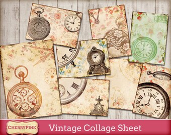 Vintage collage sheet - 8 snail mail clip art printable images - antique clock image - paper craft supply - scrapbook digital print