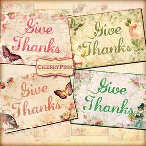 GEBEN dank TAGS, Thanksgiving-Etiketten, 8 Geschenkanhänger, sofortiger download, Tag, alte Postkarte-Stil mit Papiertexturen, Vögeln und Schmetterlingen