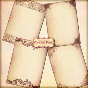May include: Four vintage-style paper frames with ornate brown borders. The frames are on a textured background.  The text "DIGITAL DOWNLOADS CHERRY PINK PRINTS" is in the center of the image.