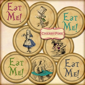 Alice in Wonderland Cake topper, round cupcake decorations, digital collage sheet, sepia style for pendants,  scrapping, craft supply.