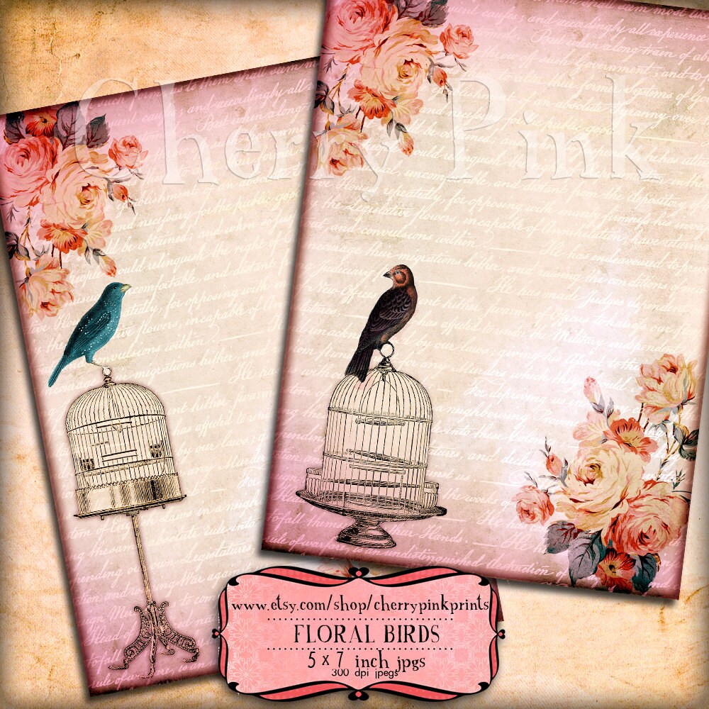 Digital Collage Sheet FLORAL BIRDS Digital Paper Digital Scrapbook ...